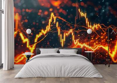 Vibrant Abstract Digital Artwork Featuring Fiery Orange and Red Hues with a Rising Stock Market Graph Wall mural