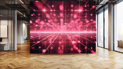 Vibrant Abstract Digital Landscape Featuring Glowing Pink and Red Lights Amidst a Dynamic Grid Pattern Wall mural