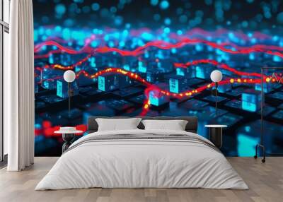 Vibrant Abstract Digital Network Featuring Glowing Blue and Red Connections Between Data Blocks Wall mural