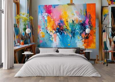 Vibrant Abstract Expression in a Colorful Artist Studio Reflecting Creative Chaos and Dynamic Energy Wall mural