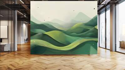 Vibrant abstract green landscape with rolling hills and majestic mountains in a stunning wallpaper design Wall mural