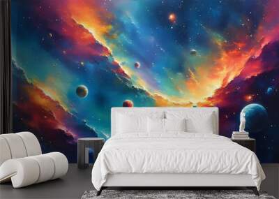 Vibrant Abstract Nebula with Planets and Stars in a Colorful Cosmic Landscape Wall mural