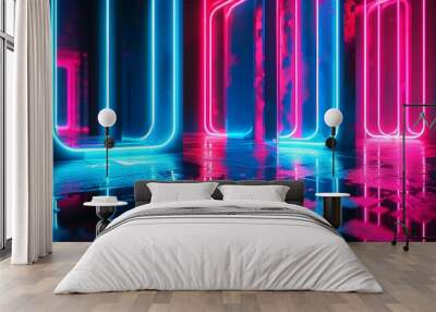 Vibrant abstract neon lights in a dark room create a futuristic atmosphere with blue and pink reflections on a shiny wet floor Wall mural