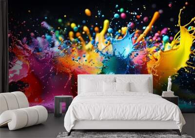 Vibrant Abstract Paint Splatters on Deep Dark Canvas Wall mural