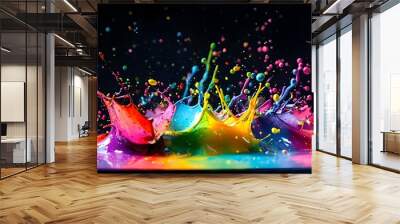 Vibrant Abstract Paint Splatters on Deep Dark Canvas Wall mural