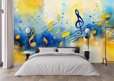 Vibrant Abstract Watercolor Composition with Blue and Yellow Music Notes on a Colorful Backdrop Wall mural