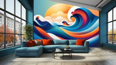 Vibrant abstract waves and warm sunset hues in a tranquil digital landscape masterpiece Wall mural