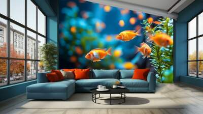 Vibrant aquarium scene showcasing lively fish and underwater plants with artistic double exposure effect against a textured wall Wall mural