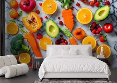 Vibrant Arrangement of Fresh Fruits and Vegetables on Marble Background Celebrating Healthy Eating and Colorful Culinary Diversity Wall mural