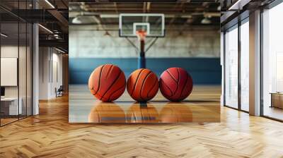 Vibrant assortment of basketballs and volleyballs in a gymnasium, highlighting sports, teamwork, and the spirit of physical education amidst a basketball hoop backdrop Wall mural