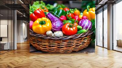 Vibrant assortment of fresh vegetables spilling from a woven basket Wall mural