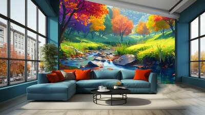 Vibrant autumn landscape showcasing colorful foliage, a gentle stream, and refreshing crisp air Wall mural