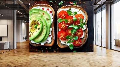 Vibrant avocado toast topped with cherry tomatoes and microgreens on rustic bread, finished with a sprinkle of black pepper and red pepper flakes Wall mural