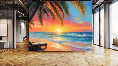 Vibrant beach sunset with palm trees, lounge chairs, and crystal clear water reflecting warm hues of the sky Wall mural