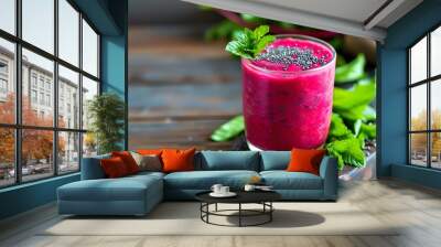 Vibrant beetroot smoothie with fresh mint garnish representing health, vitality, and natural sweetness Wall mural