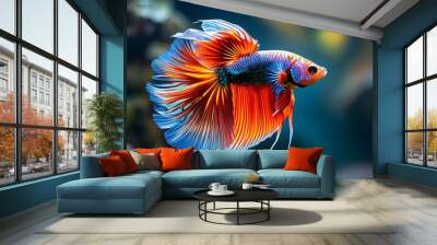 Vibrant Betta Fish Displaying Colorful Fins in a Tropical Aquarium Setting Wall mural