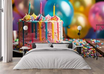 Vibrant birthday cake adorned with colorful sprinkles and festive balloons, perfect for joyful celebrations and parties Wall mural