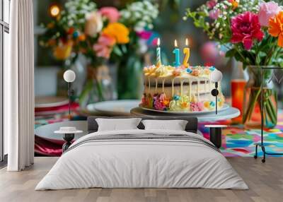 Vibrant birthday table adorned with a delectable cake and fresh flowers, embodying joy and festivity Wall mural