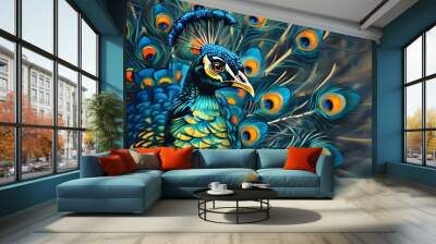 Vibrant blue and green peacock showcasing stunning orange and blue feathers, radiating beauty with its striking yellow beak Wall mural