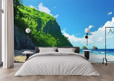 Vibrant Cartoon Beachscape with Lush Green Cliffs under a Bright Blue Sky Wall mural