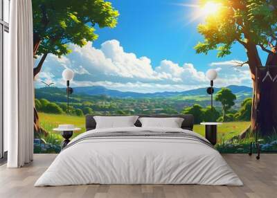 Vibrant Cartoon Landscape Under Clear Blue Skies Wall mural