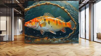 Vibrant catch of various fish entangled in expansive fishing net Wall mural