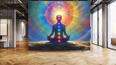 Vibrant chakra meditation under a cosmic sky symbolizing inner peace and spiritual growth Wall mural