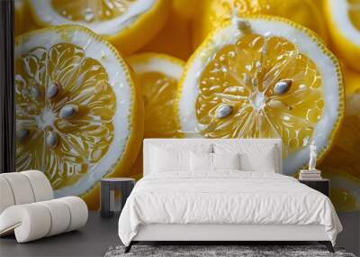 Vibrant close-up of a fresh lemon slice showcasing juice, seeds, and vibrant yellow texture Wall mural