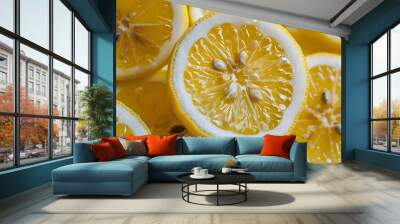 Vibrant close-up of a fresh lemon slice showcasing juice, seeds, and vibrant yellow texture Wall mural