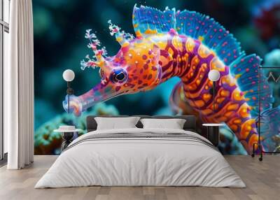 Vibrant close-up of a glowing rainbow seahorse among colorful coral reefs bustling with diverse underwater life Wall mural