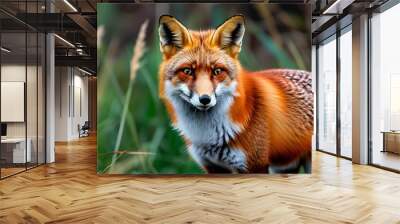 Vibrant close-up of a red fox gazing through lush green grass Wall mural