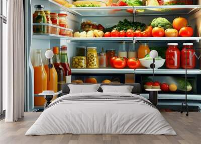 Vibrant close-up of a well-stocked refrigerator showcasing an array of fresh foods and beverages, designed to inspire kitchen creativity and healthy living Wall mural