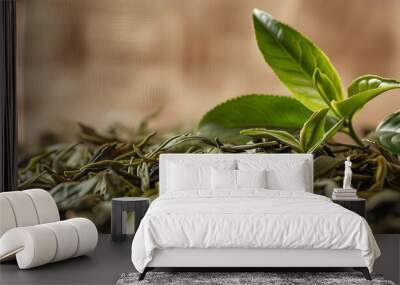 Vibrant Close-Up of Black Tea Leaves Against Textured Background Celebrating Organic Ingredients and Natural Aroma Wall mural