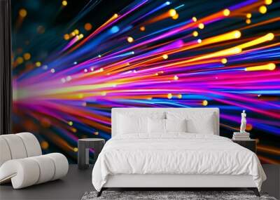 Vibrant closeup of neon-colored optical fiber cable transmitting light, highlighting advanced technology in high-speed data communication Wall mural