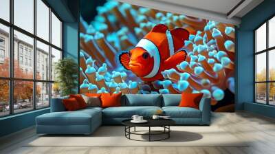 vibrant clownfish swimming among colorful sea anemones in a coral reef ecosystem Wall mural