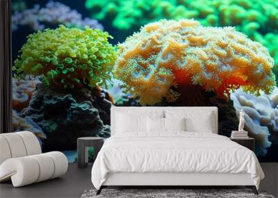 Vibrant Coral Reef Aquascape with Lush Green Algae in a Summer Oceanic Setting Wall mural