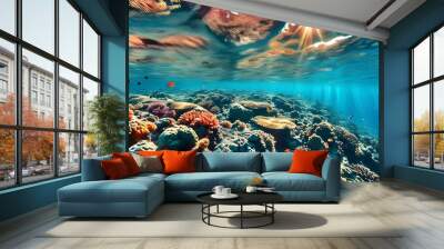 Vibrant Coral Reef Underwater Scene with Sun Rays Illuminating Diverse Marine Life on Tropical Seabed Wall mural