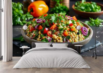 Vibrant Couscous Tabbouleh Salad with Fresh Vegetables and Herbs in a Modern Rustic Setting on Dark Stone Table Wall mural