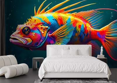 Vibrant digital artwork of a colorful fish with a spiky fin, adding a lively splash of color to any creative project Wall mural