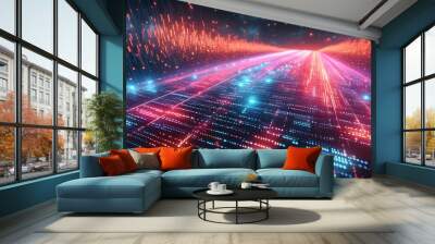 Vibrant digital binary code illuminated by striking neon lights Wall mural