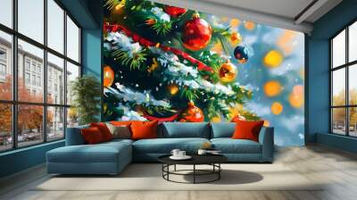 Vibrant digital painting of a festive Christmas tree adorned with decorations, celebrating the joy of the holiday season against an inviting background with ample copy space Wall mural