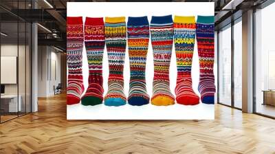 Vibrant Display of Colorful Patterned Socks on a White Background Wall mural