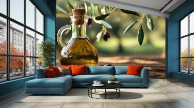 Vibrant display of fresh olive oil and ripe olives on a rustic background Wall mural