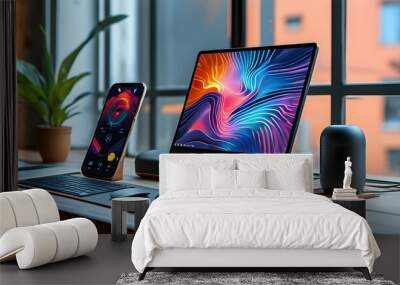 Vibrant display of modern gadgets including mobile, tablet, laptop, mouse, and charger, showcasing the intersection of technology and aesthetics through AI creativity. Wall mural