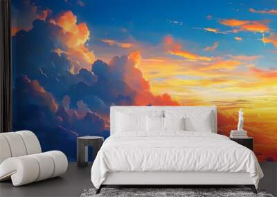 vibrant evening panorama of a colorful sky with bright orange and white clouds against a stunning blue backdrop Wall mural