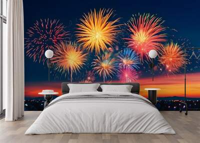 Vibrant fireworks illuminate the night sky in a dazzling festive display Wall mural