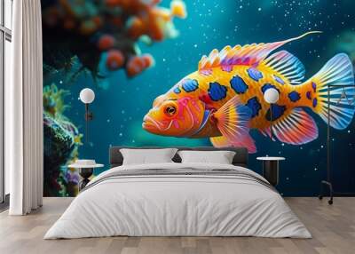 Vibrant fish adorned with a starry pattern glides through a mystical underwater world Wall mural