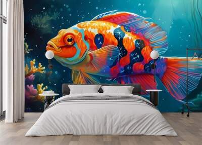 Vibrant fish adorned with a starry pattern glides through a mystical underwater world Wall mural