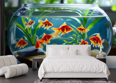 Vibrant fish swimming in a pristine tank with a clean sandy bottom and decorative plants, showcasing the beauty of aquatic life in a serene environment Wall mural