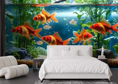 Vibrant fish swimming in a pristine tank with a clean sandy bottom and decorative plants, showcasing the beauty of aquatic life in a serene environment Wall mural